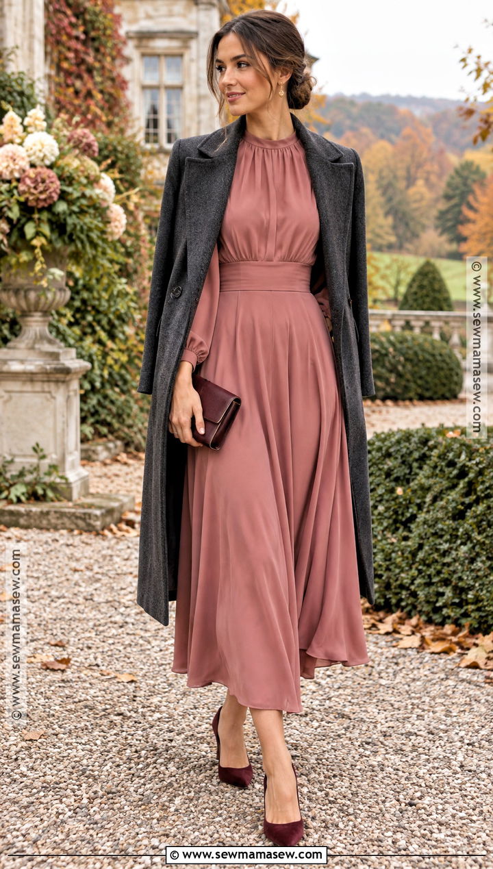 Dusty Rose Long Sleeve Midi October Wedding Guest Outfit - 25 october wedding guest outfits