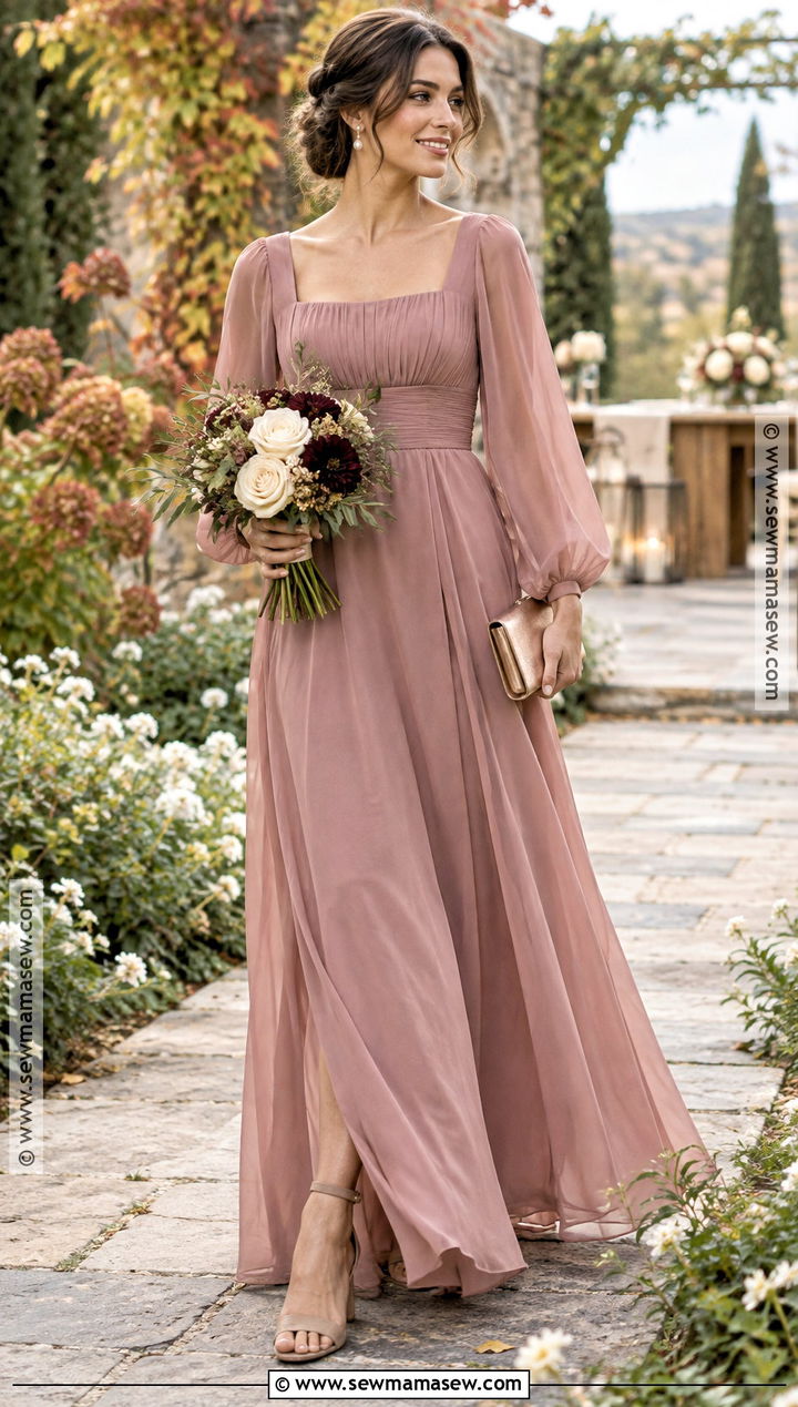 Dusty Rose Long Sleeve October Bridesmaid Dress - 15 fall wedding ideas october bridesmaid dresses