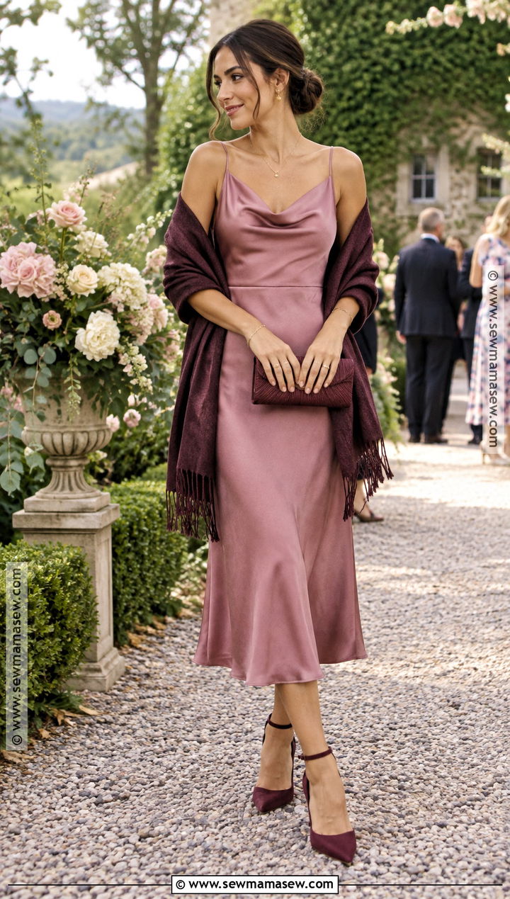 Dusty Rose Midi Dress With A Shawl - 15 September Wedding Attire For Guest Ideas