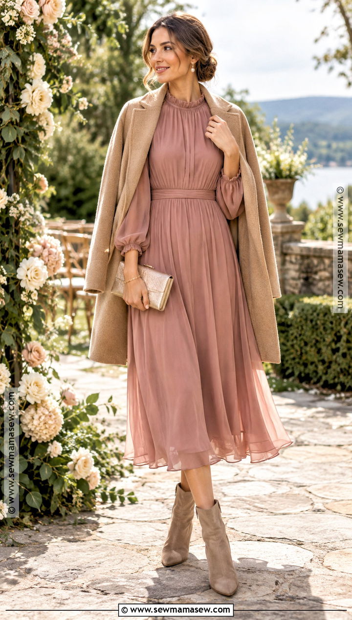 Dusty Rose Midi Dress With Taupe Boots - 20 Fall Wedding Guest Dress With Boots