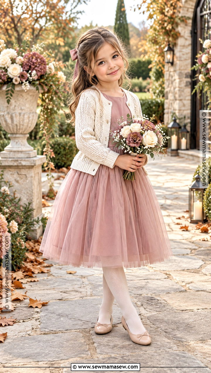 Dusty Rose Tulle Flower Girl Dress With Cardigan - 20 Fall Wedding Flower Girl Dresses