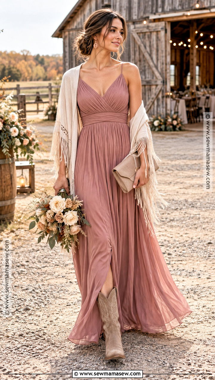 Dusty Rose Western Bridesmaid Dress With Fringe Shawl - 15 Western Fall Bridesmaid Dresses