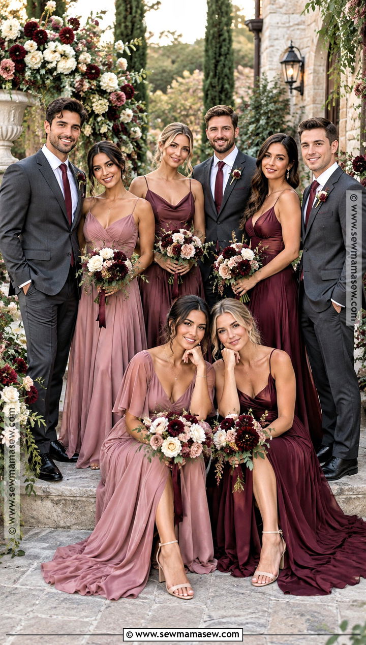 Dusty Rose and Wine Fall Wedding Party Attire - 15 fall wedding party attire color palettes ideas