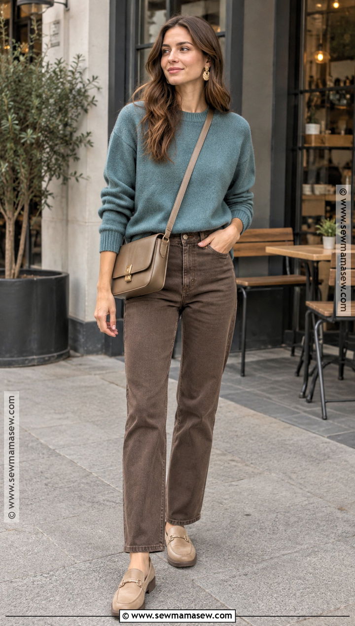 Dusty Teal Sweater With Cocoa Jeans - 20 soft autumn color palette clothes