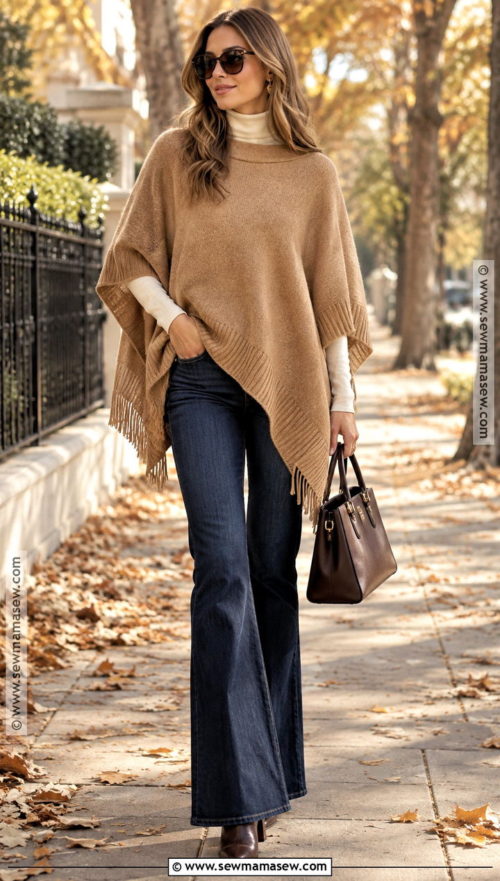 Early 2000s Poncho And Flared Jeans Outfit - 25 early 2000s fall outfits