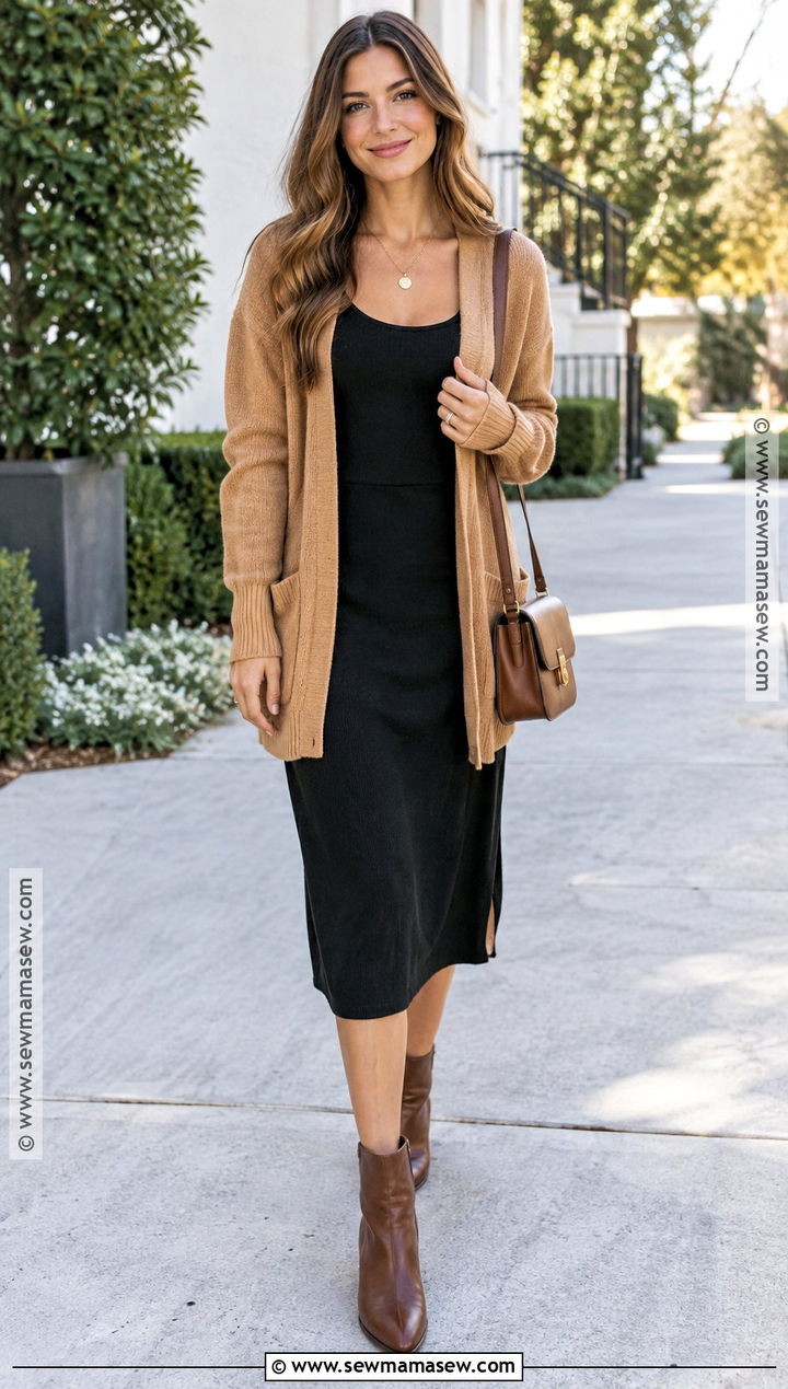 Early Fall Black Dress And Cardigan Outfit - 20 Cute Early Fall Outfits