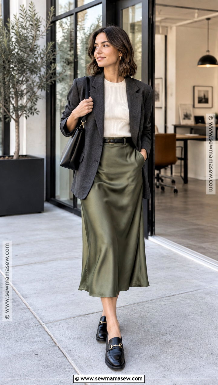 Early Fall Blazer And Satin Skirt Outfit - 15 Early Fall Fashion Ideas 2026