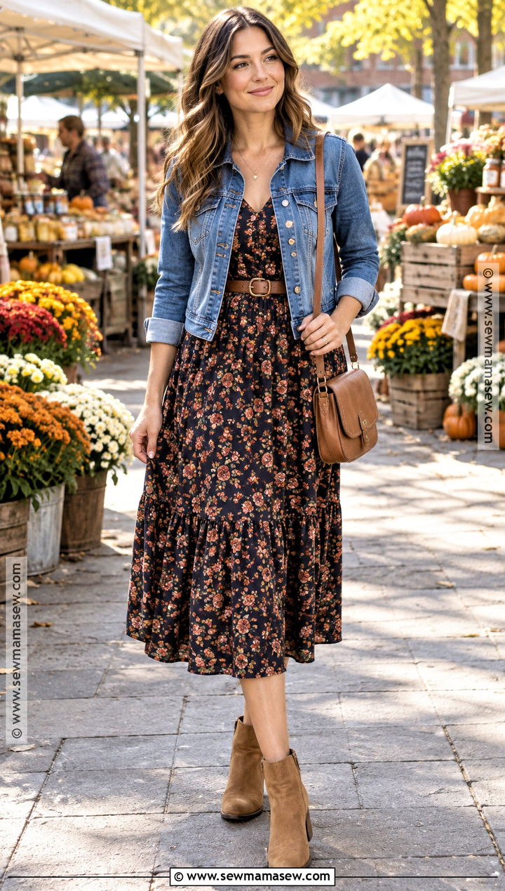 Early Fall Denim Jacket And Floral Dress Outfit - 25 early fall outfit ideas