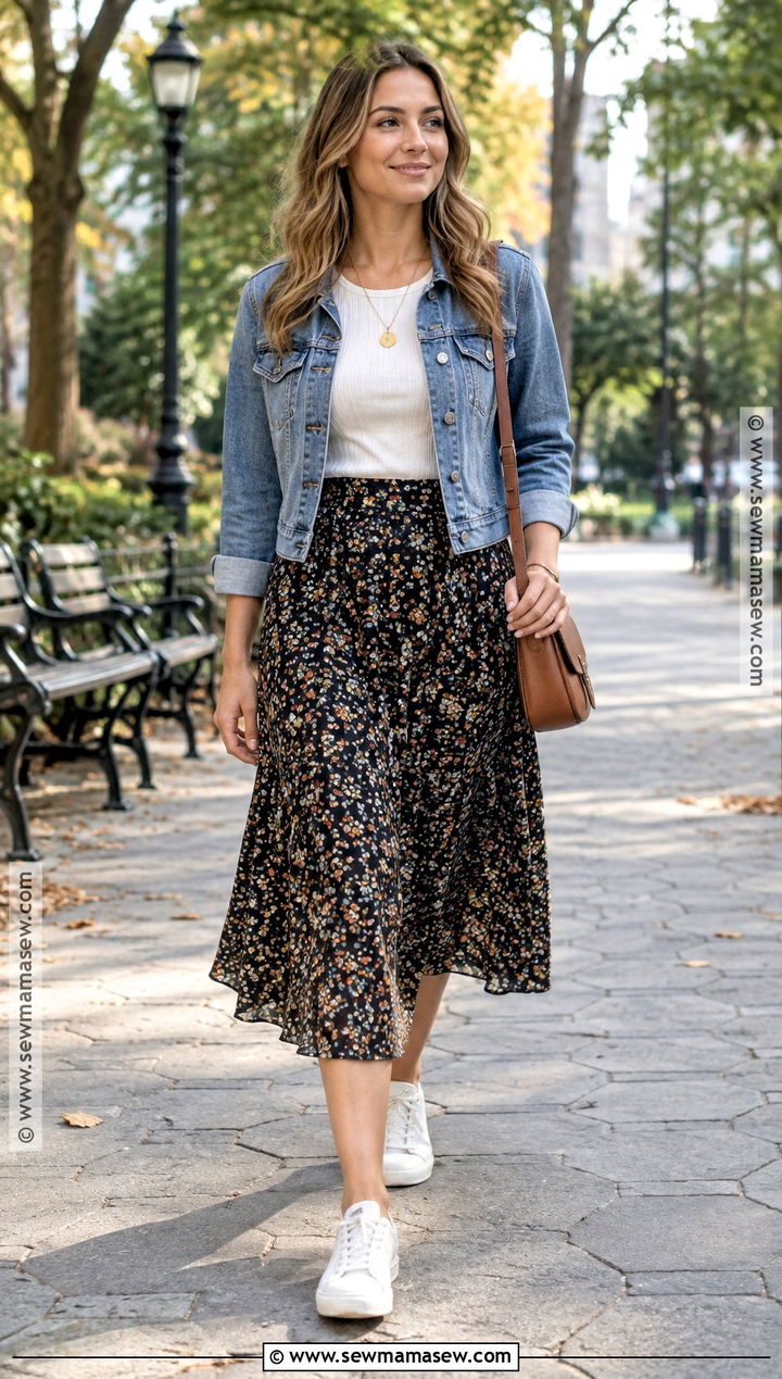 Early Fall Denim Jacket And Midi Skirt Outfit - 15 early fall outfits