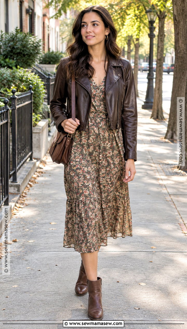 Early Fall Floral Midi Dress And Leather Jacket Outfit - 25 late summer outfits early fall