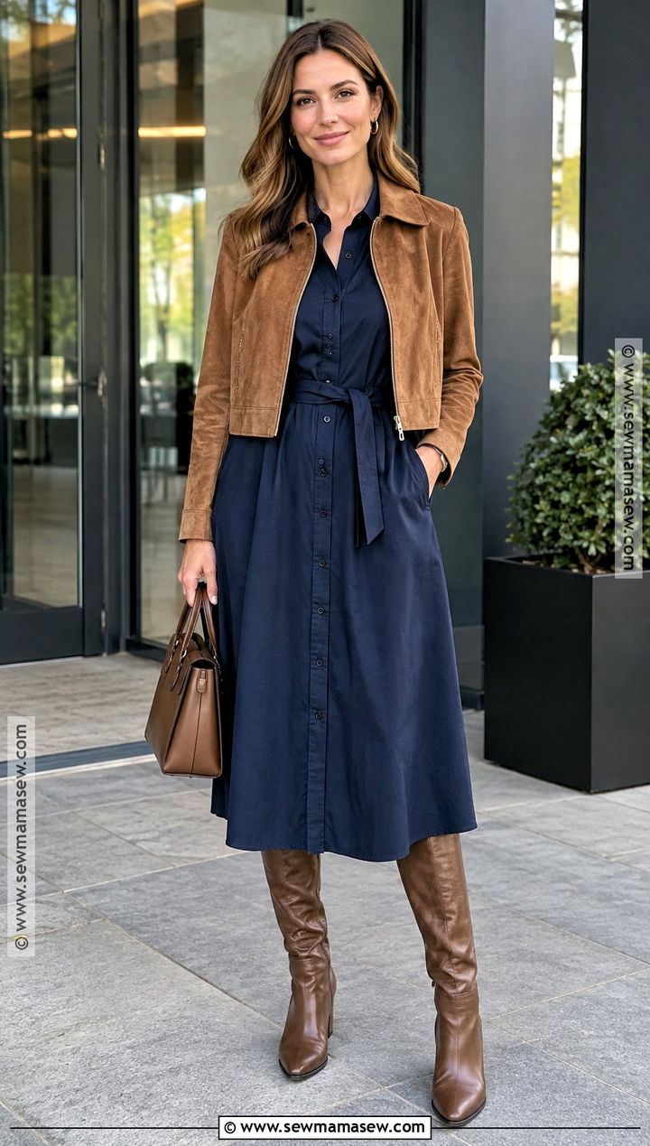Early Fall Shirt Dress And Suede Jacket Outfit - 25 early fall fashion ideas