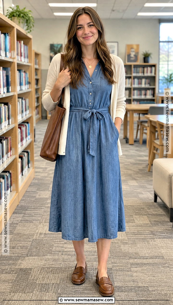 Early Fall Teacher Outfit With Chambray Dress And Loafers - 20 early fall teacher outfits