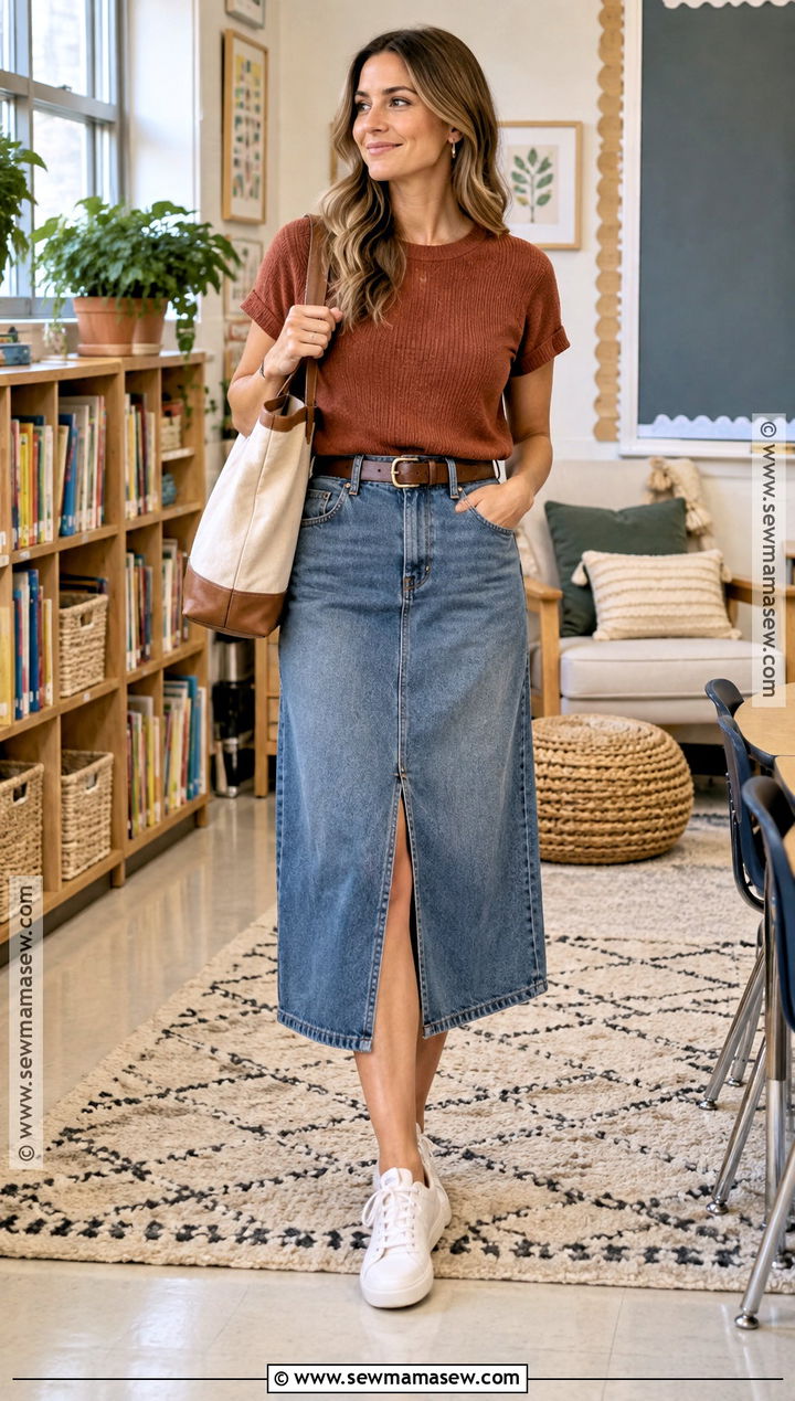 Early Fall Teacher Outfit With Denim Skirt And Knit Top - 20 early fall teacher outfits