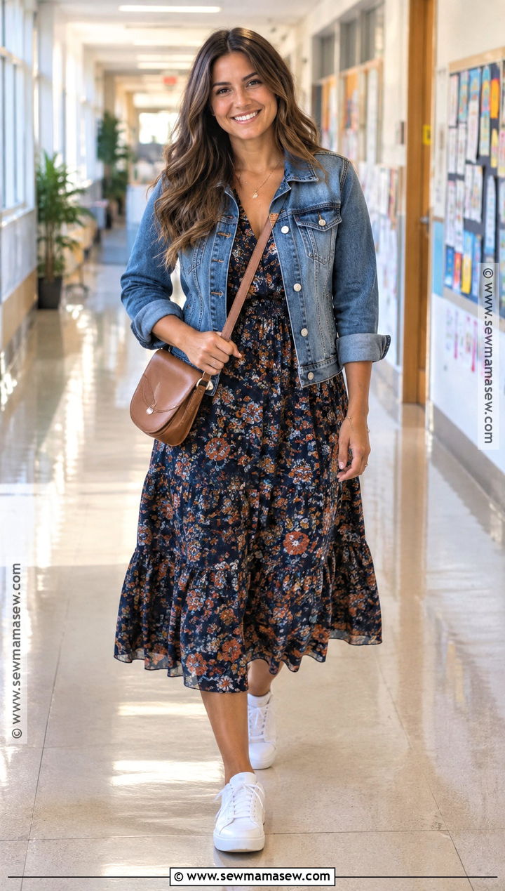 Early Fall Teacher Outfit With Floral Midi Dress And Sneakers - 20 early fall teacher outfits