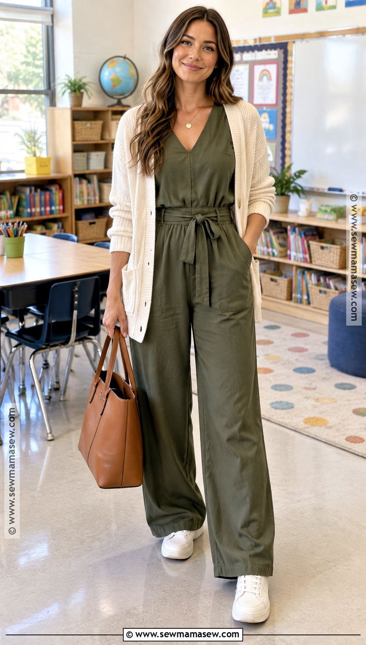 Early Fall Teacher Outfit With Jumpsuit And Lightweight Cardigan - 20 early fall teacher outfits