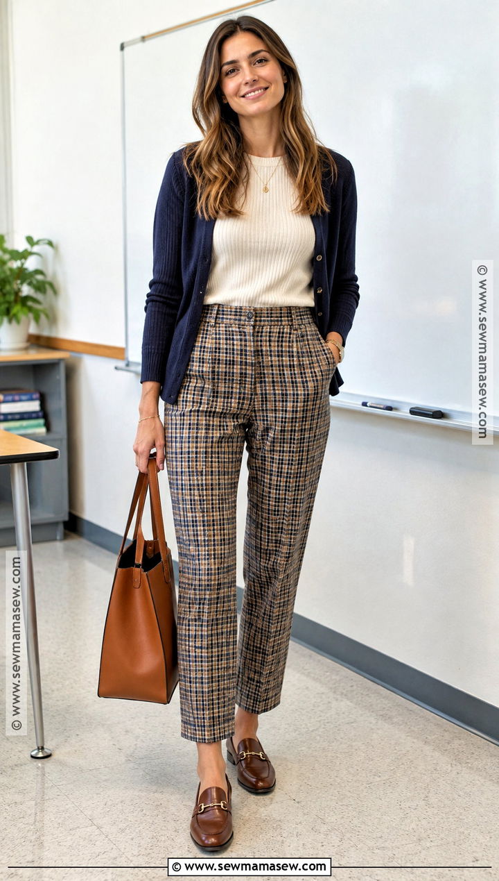 Early Fall Teacher Outfit With Plaid Pants And Solid Top - 20 early fall teacher outfits