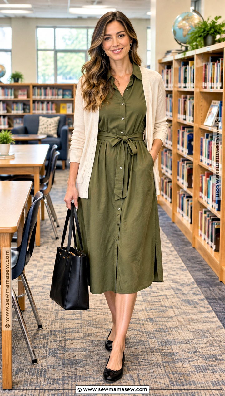 Early Fall Teacher Outfit With Shirt Dress And Ballet Flats - 20 early fall teacher outfits