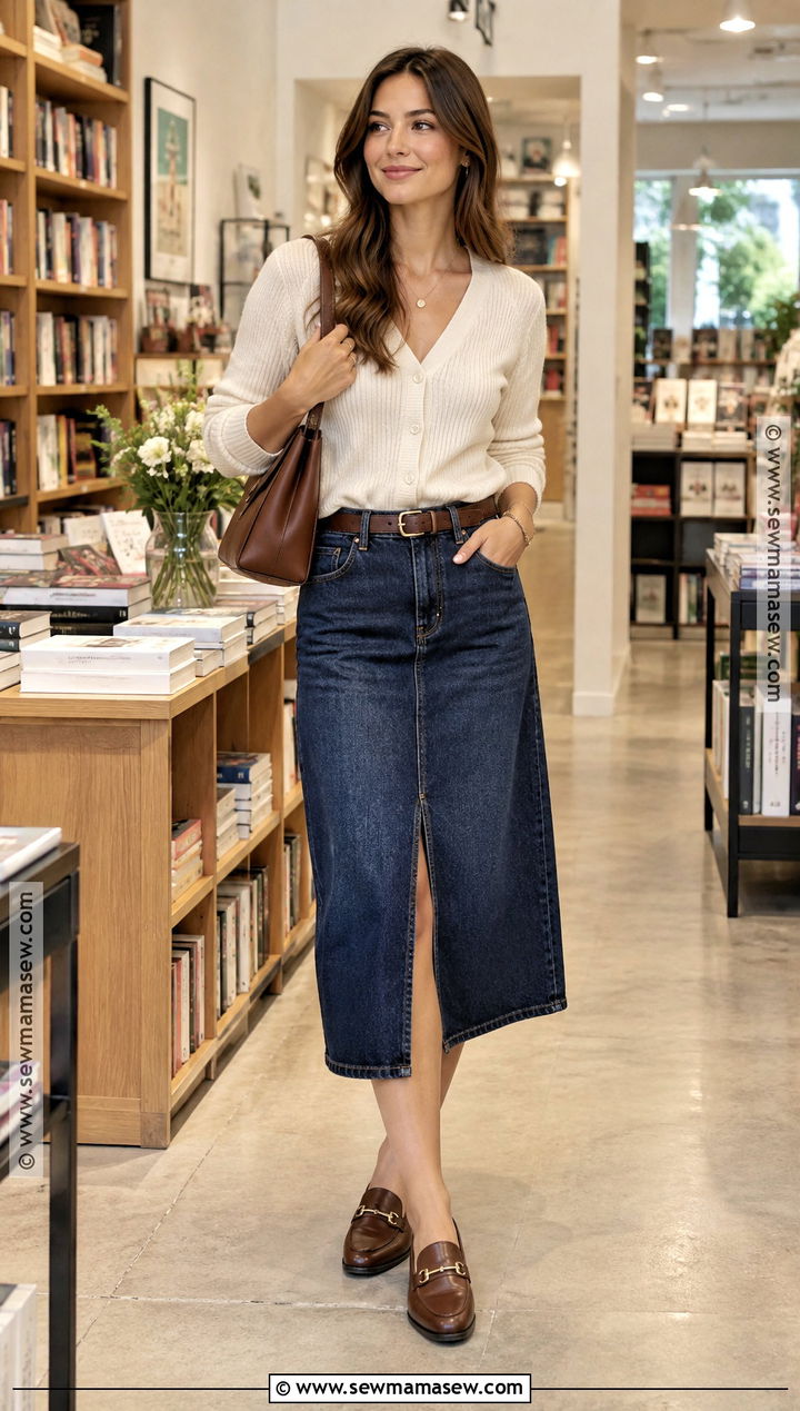 Early September Cardigan and Denim Midi Skirt Outfit - 25 early september outfits
