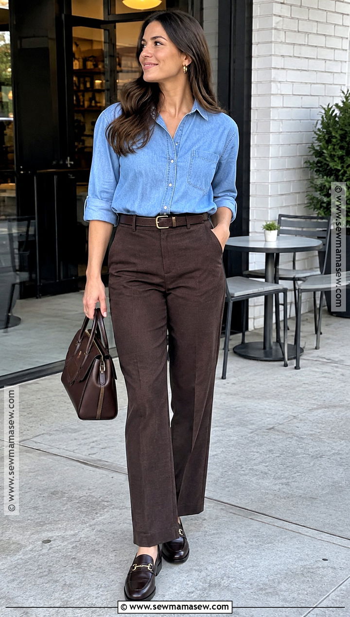 Early September Chambray Shirt and Brown Pants Outfit - 25 early september outfits
