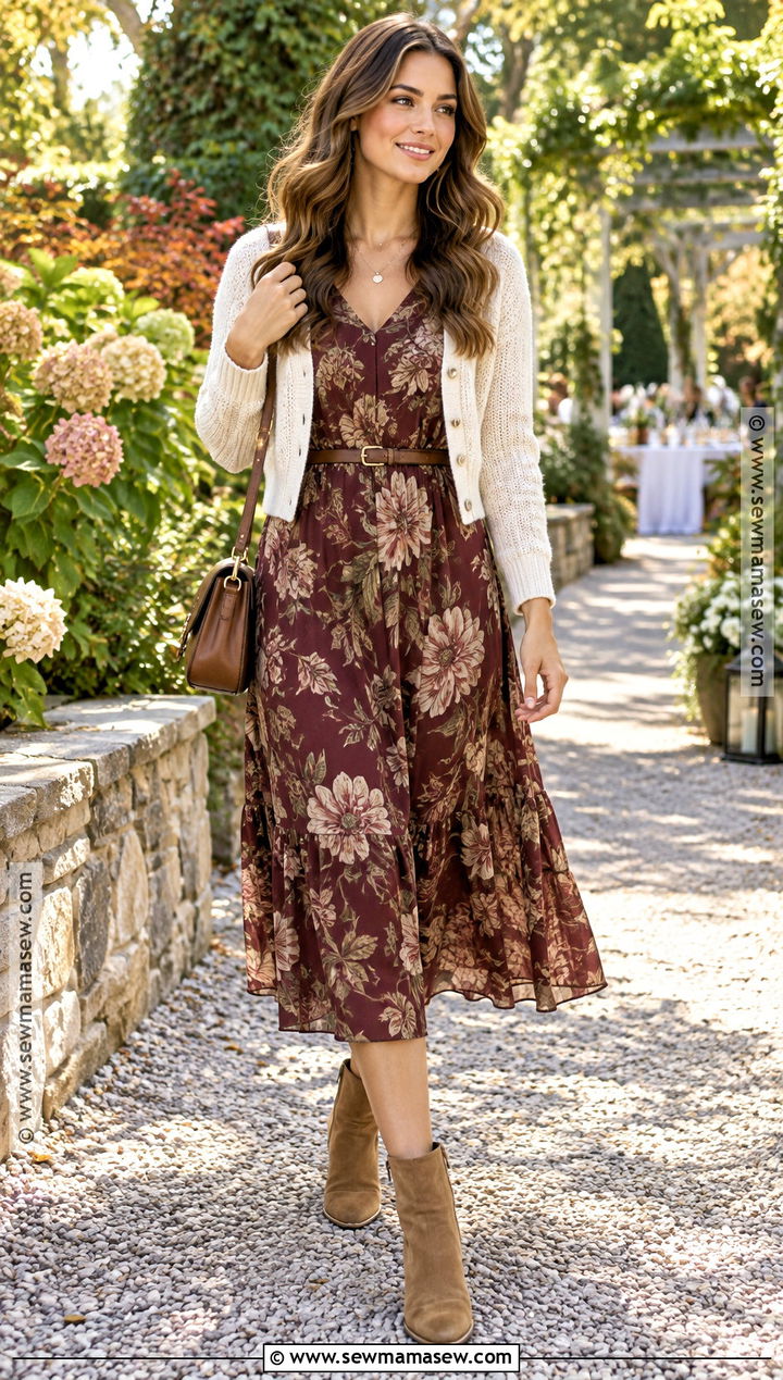 Early September Floral Midi Dress and Ankle Boots Outfit - 25 early september outfits