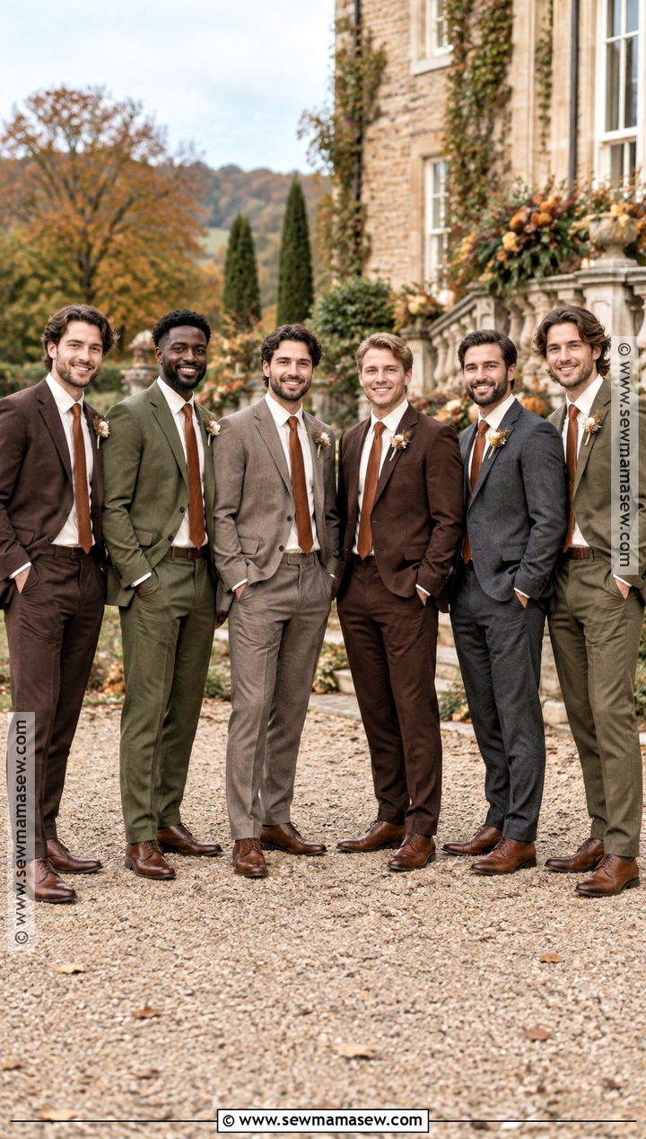 Earth Tone Mix and Match Groomsmen Suits - 15 fall wedding party attire groomsmen ideas