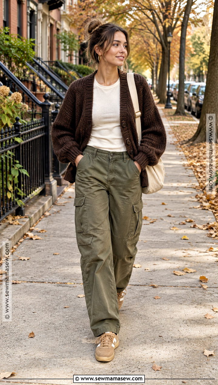 Earthy Brown Cardigan And Olive Cargo Pants Outfit - 15 earthy girl fall outfits