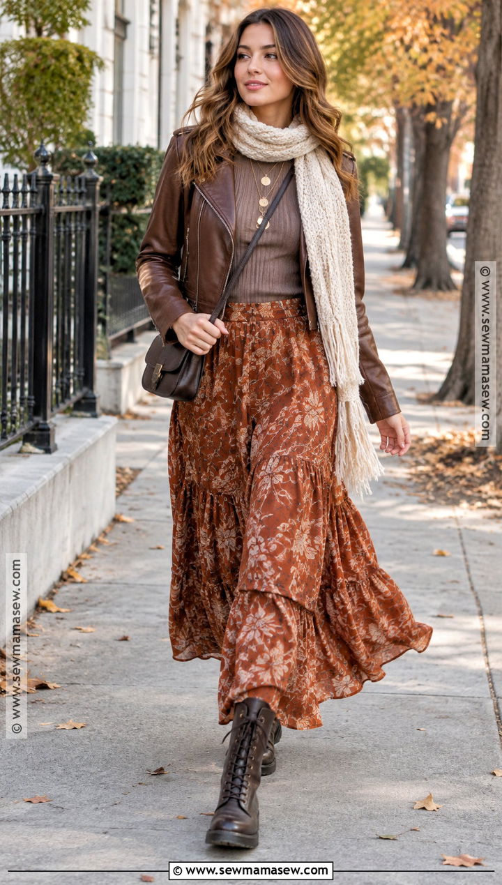 Earthy Brown Leather Jacket And Maxi Skirt Outfit - 15 earthy girl fall outfits