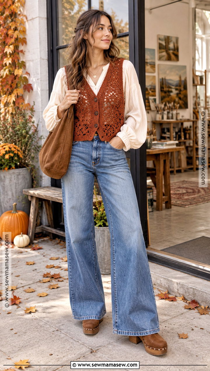 Earthy Crochet Vest And Wide Leg Jeans Outfit - 15 earthy girl fall outfits