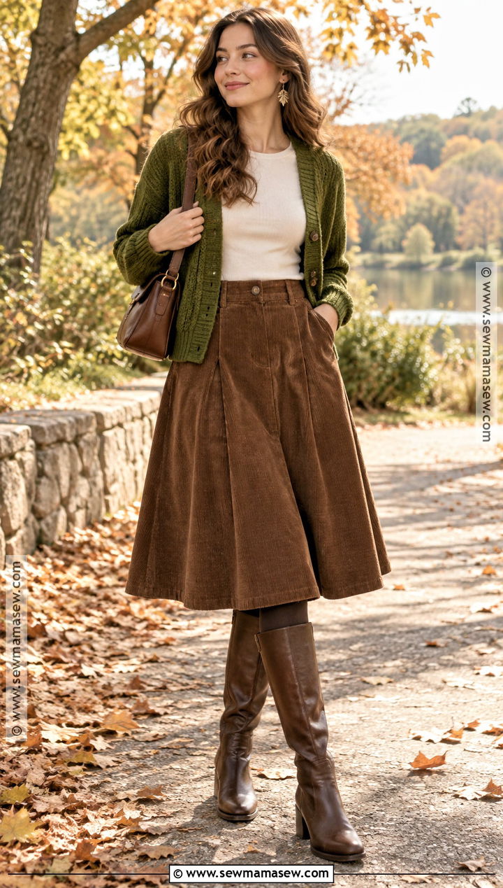 Earthy Moss Cardigan And Corduroy Skirt Outfit - 15 earthy girl fall outfits