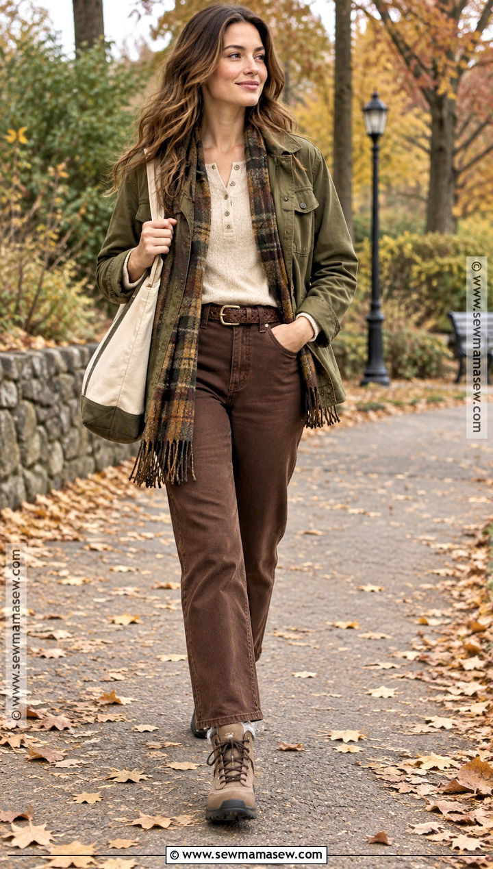 Earthy Olive Utility Jacket And Brown Jeans Outfit - 15 earthy girl fall outfits