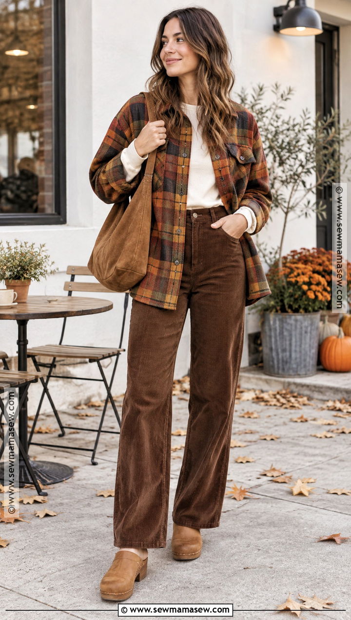 Earthy Plaid Shacket And Corduroy Pants Outfit - 15 earthy girl fall outfits