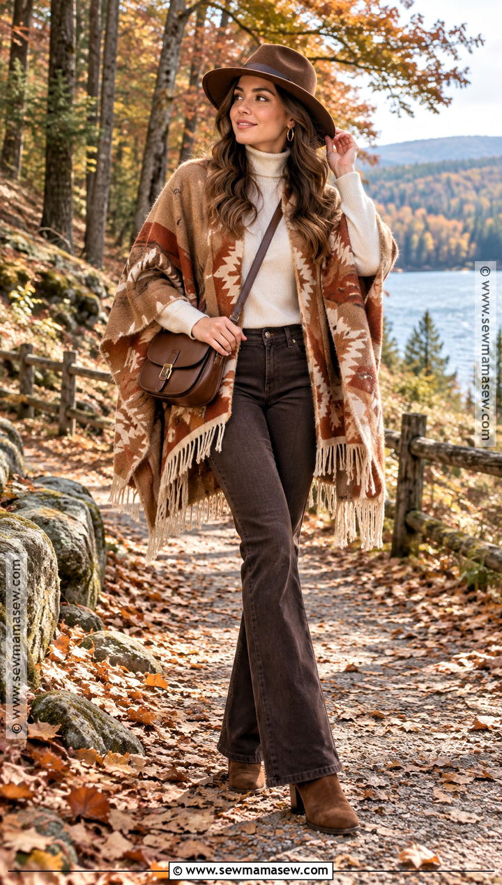 Earthy Poncho And Flare Jeans Outfit - 15 earthy girl fall outfits