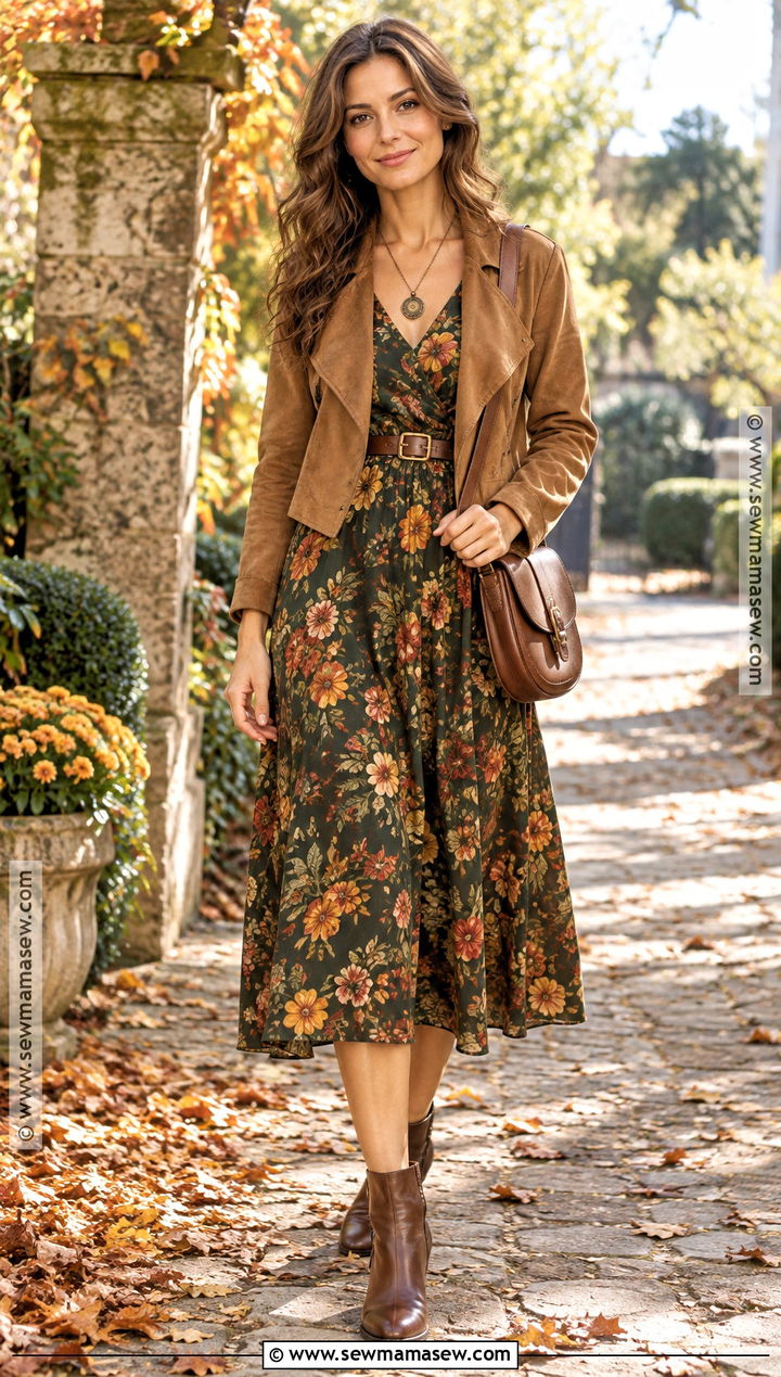 Earthy Suede Jacket And Floral Midi Dress Outfit - 15 earthy girl fall outfits