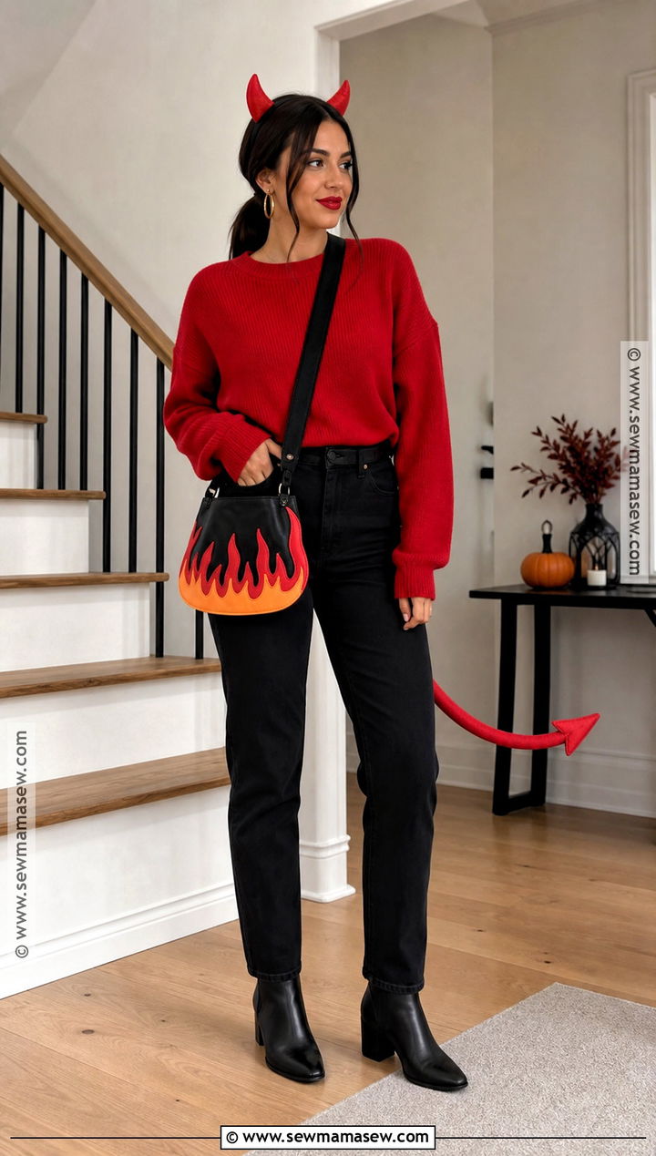 Easy Devil Costume With Red Sweater And Jeans - 30 Devil Halloween Costume Ideas for Women
