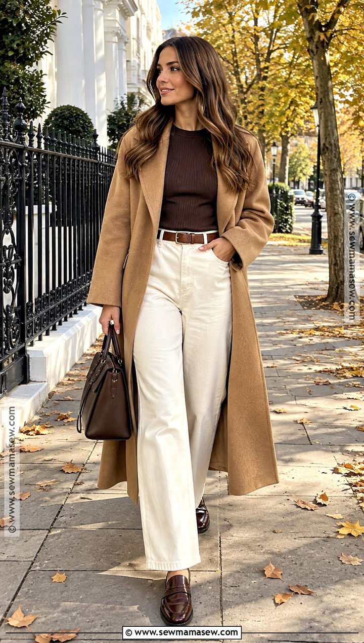 Ecru Baggy Jeans With Brown Coat And Loafers - 20 Baggy Jeans Autumn Outfit