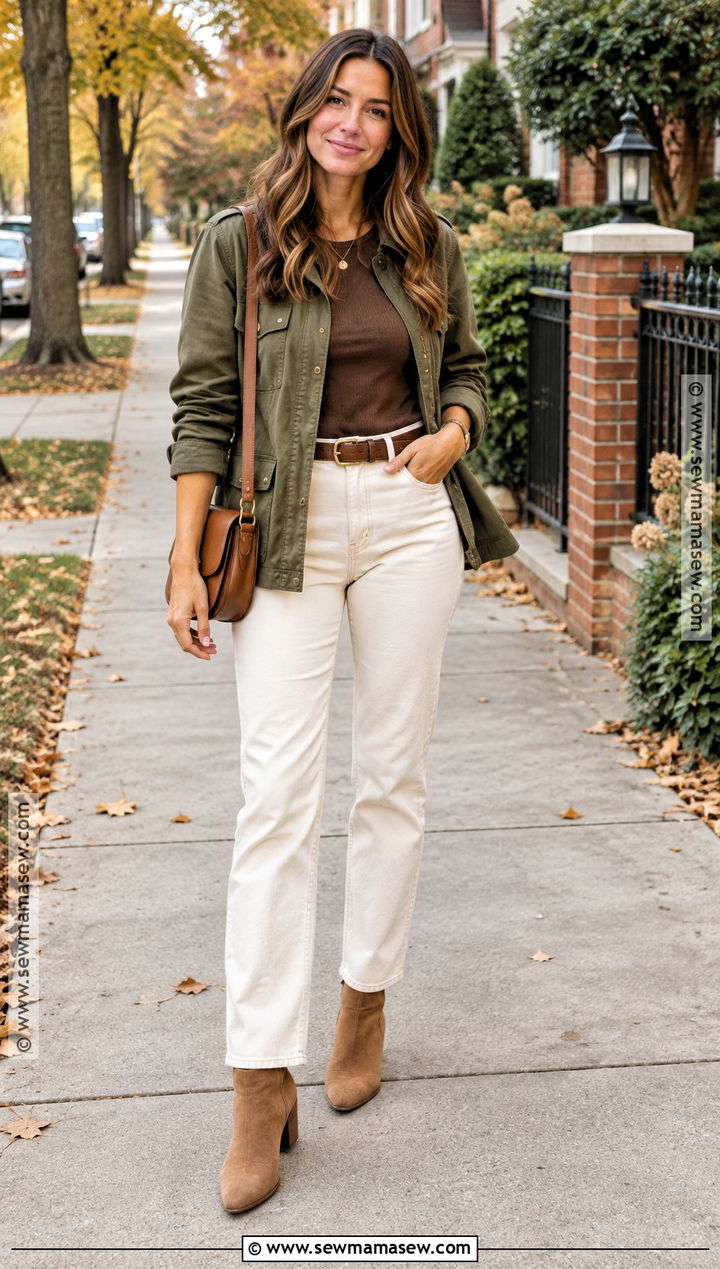 Ecru Jeans With Olive Utility Jacket And Boots - 25 fall outfit jeans