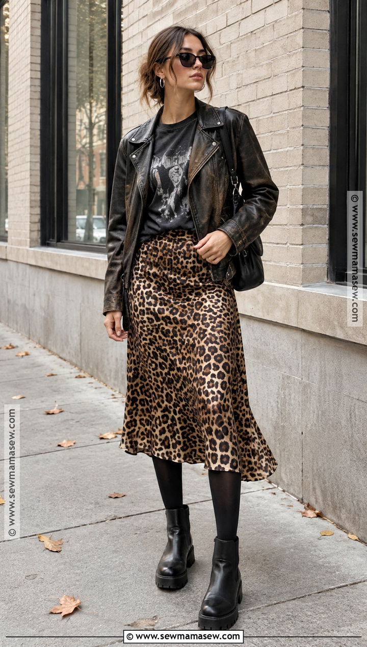 Edgy Band Tee and Leopard Skirt Autumn Outfit - 20 Edgy Autumn Outfits