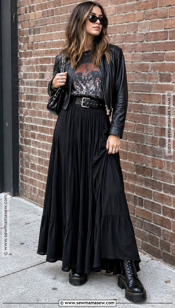 Edgy Fall Band Tee And Maxi Skirt Outfit - 20 fall outfits edgy