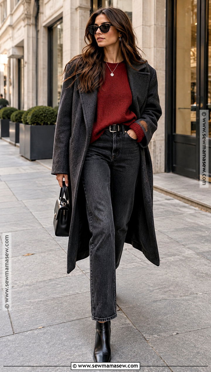 Edgy Fall Black Denim And Red Sweater Outfit - 15 Edgy Fall Fashion Ideas 2026