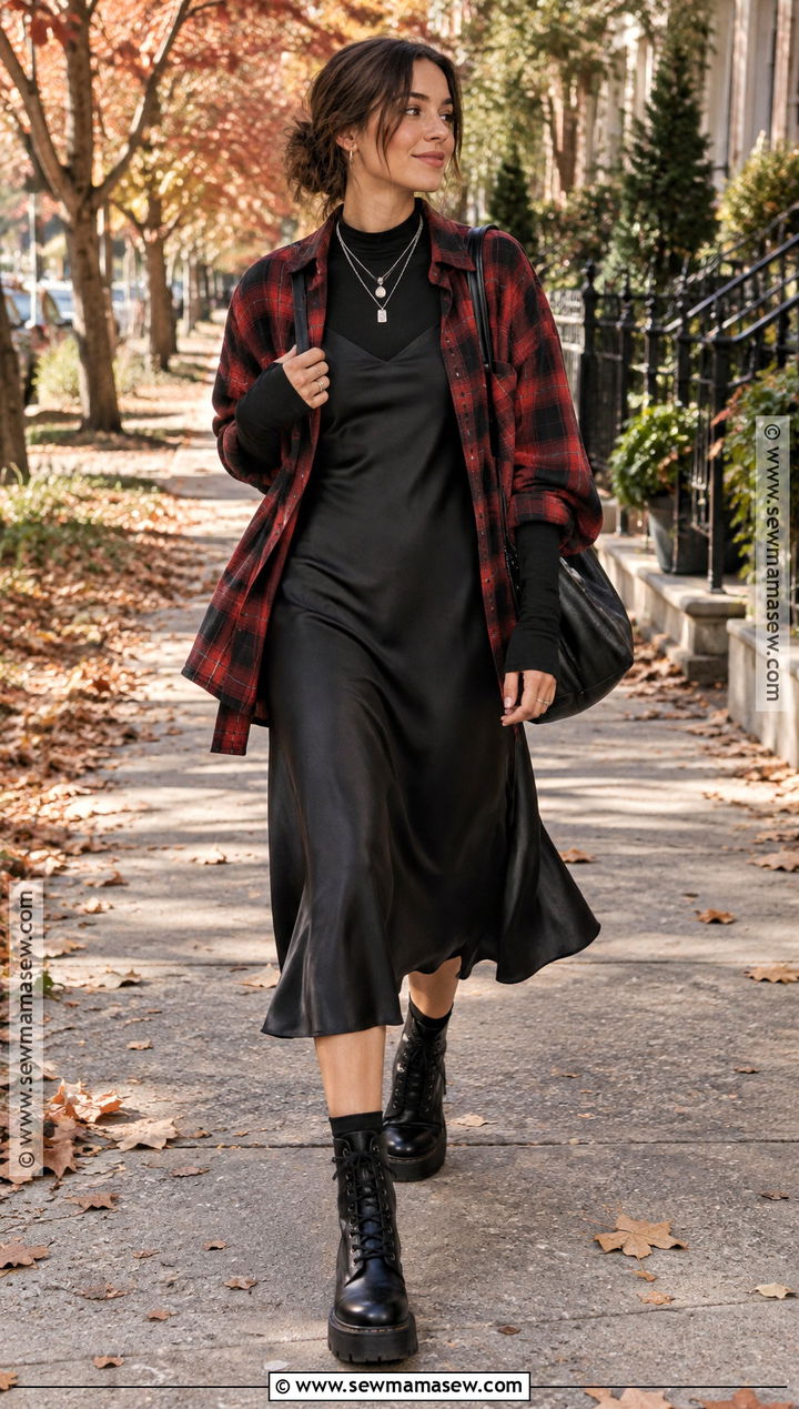Edgy Fall Flannel And Black Slip Dress Outfit - 20 fall outfits edgy