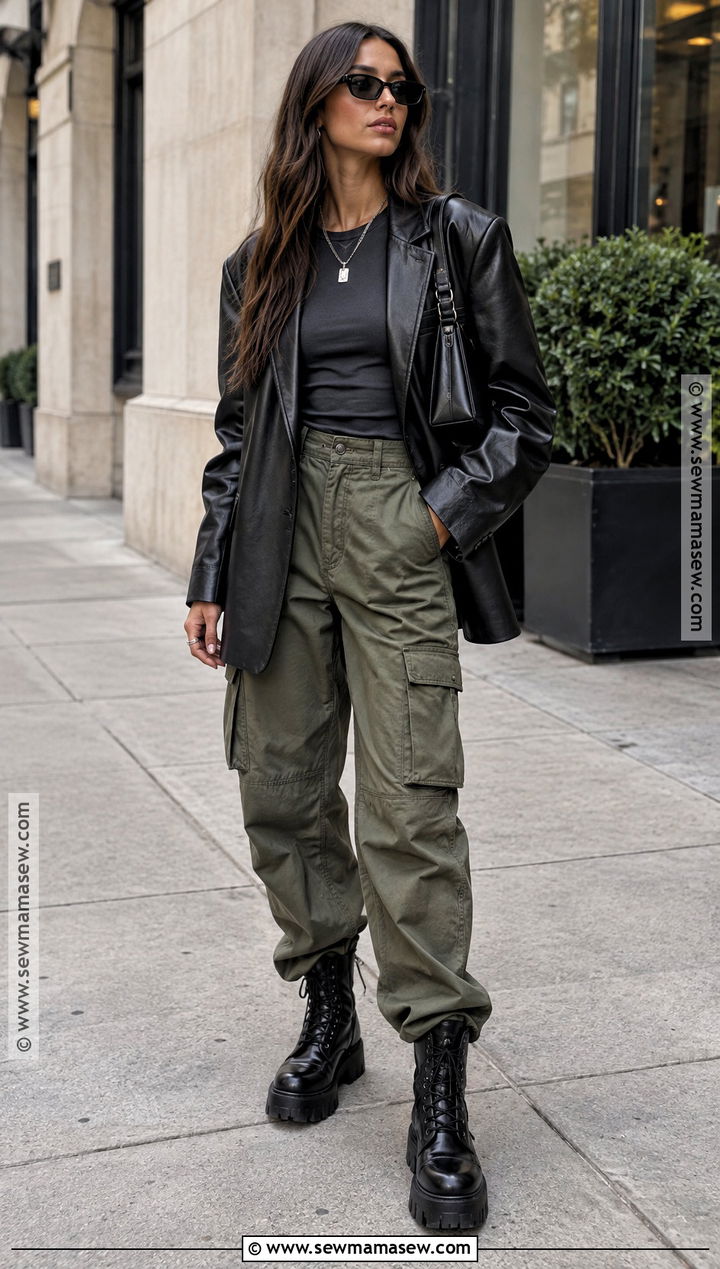 Edgy Fall Leather Blazer And Cargo Pants Outfit - 15 Edgy Fall Fashion Ideas 2026
