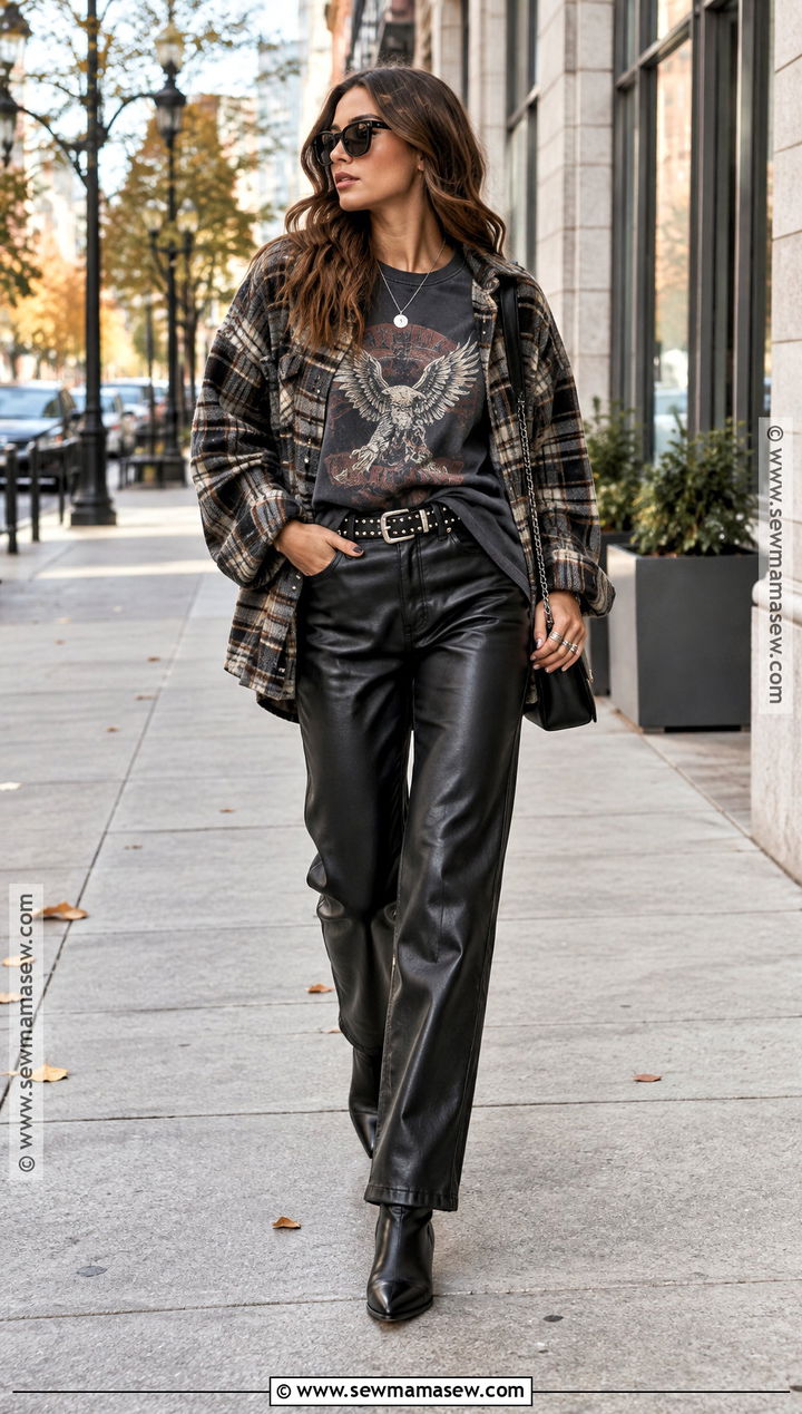Edgy Graphic Tee and Faux Leather Pants Autumn Outfit - 20 Edgy Autumn Outfits