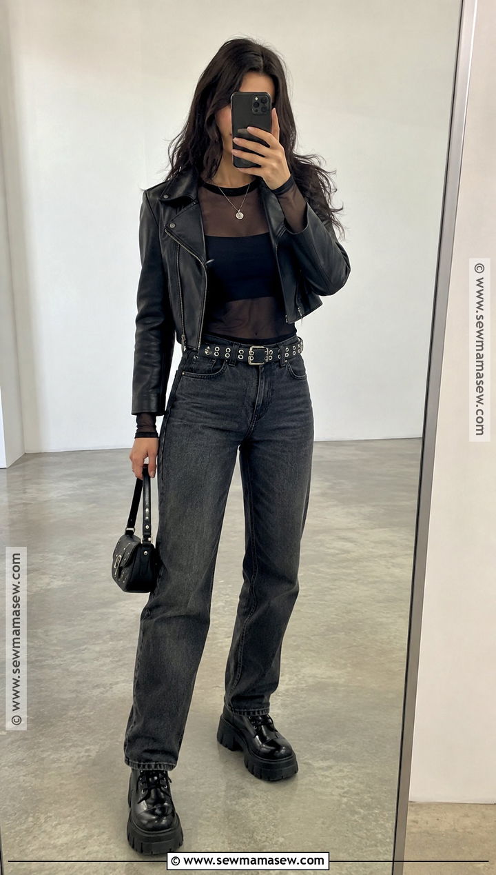 Edgy Mesh Top and Straight Leg Jeans Autumn Outfit - 20 Edgy Autumn Outfits