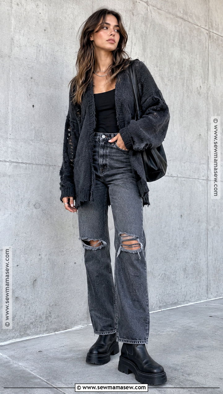 Edgy Oversized Sweater and Ripped Jeans Autumn Outfit - 20 Edgy Autumn Outfits