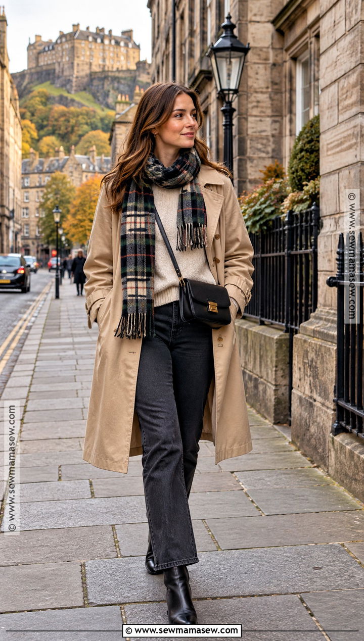Edinburgh Fall Outfit With Trench Coat and Jeans - 20 scotland outfit fall ideas
