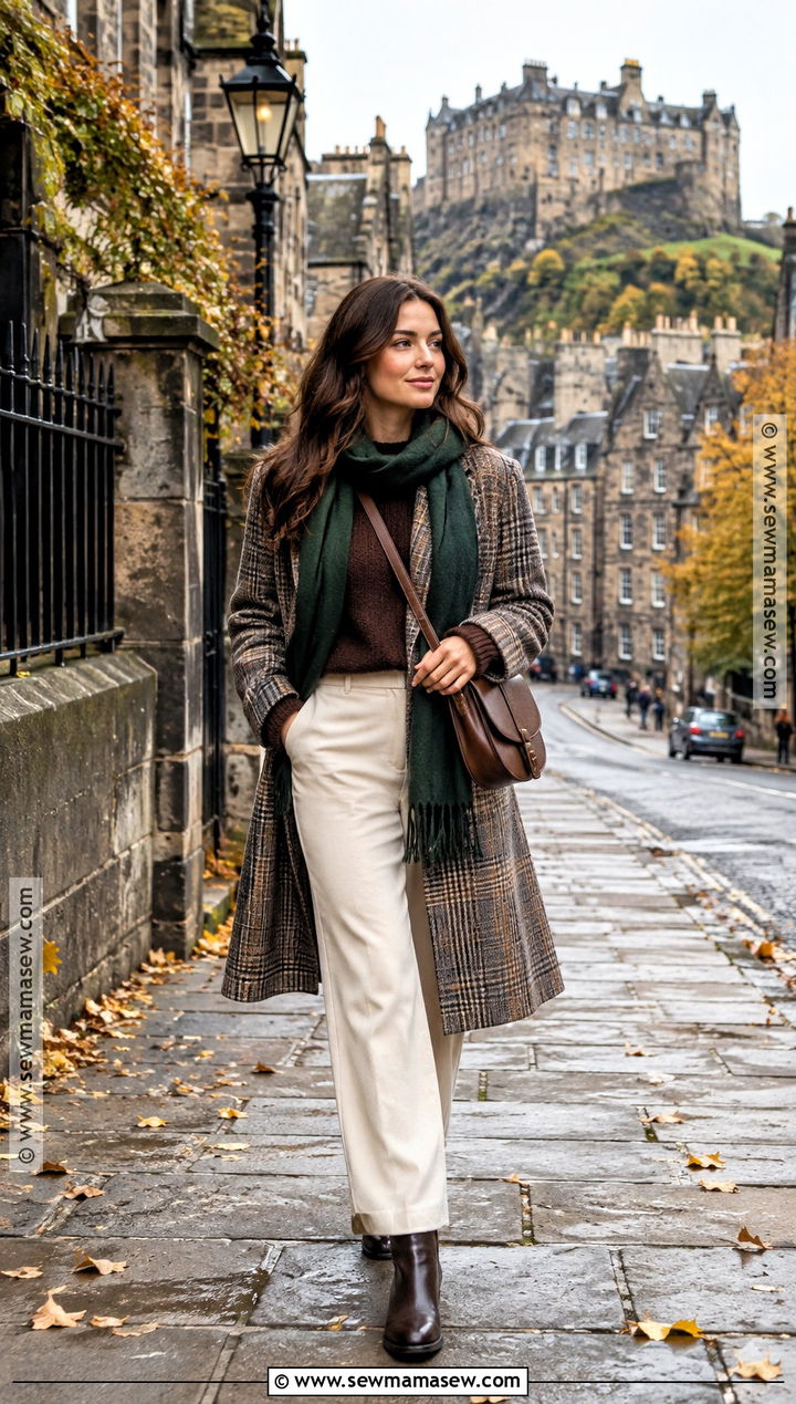 Edinburgh October Plaid Coat And Neutral Trousers Outfit - 15 edinburgh october outfit ideas
