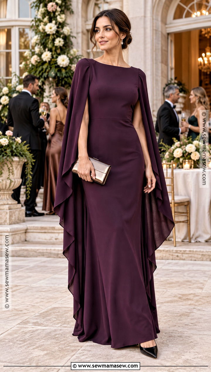 Eggplant Cape Sleeve Gown Outfit - 15 Formal Fall Wedding Guest Outfit Ideas