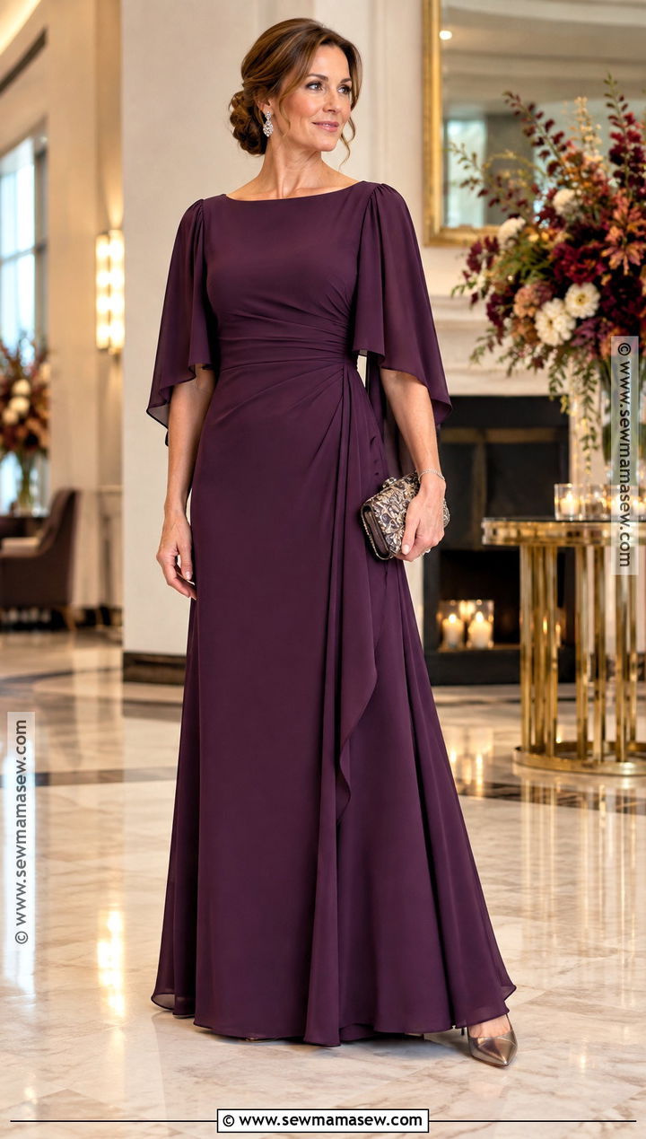 Eggplant Cape Sleeve Mother of the Groom Gown - 20 mother of the groom dresses fall wedding
