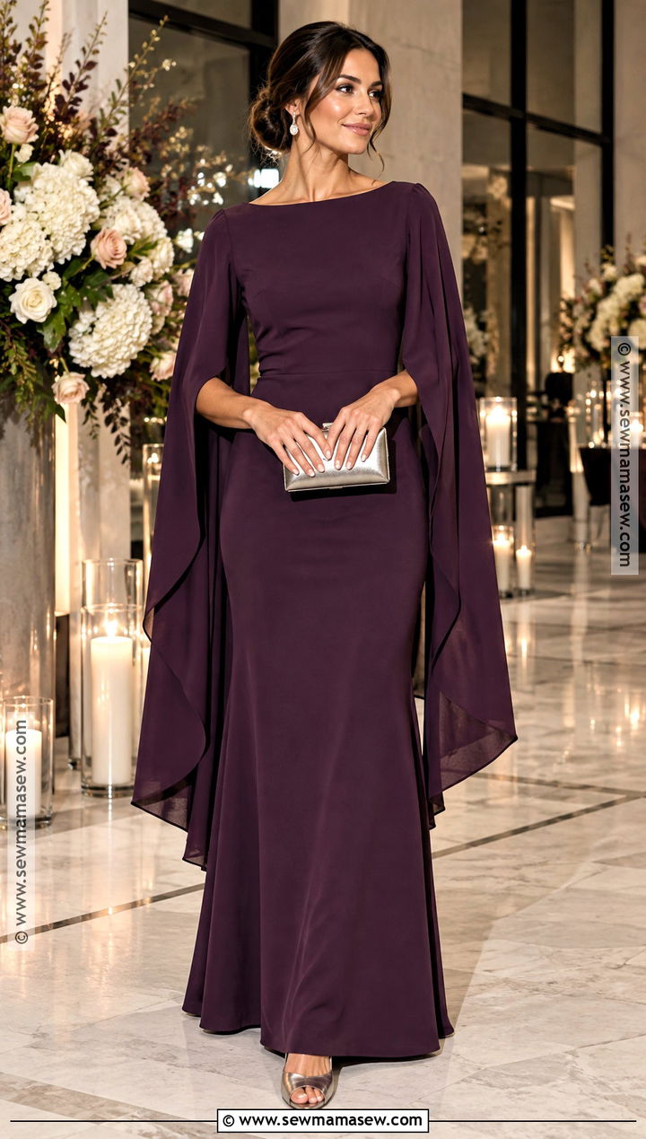 Eggplant Cape Sleeve Wedding Guest Dress With Pewter Heels - 15 best wedding guest dresses fall
