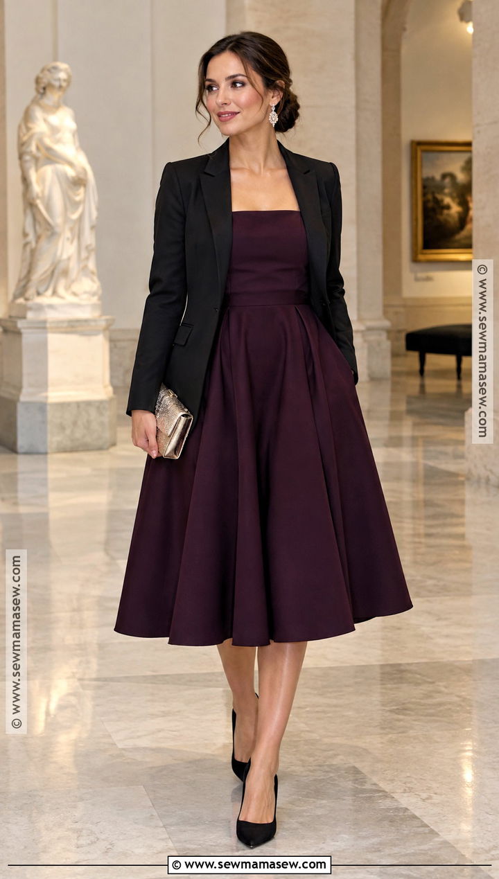Eggplant Fit And Flare Cocktail Dress - 25 fall cocktail dress wedding guest ideas